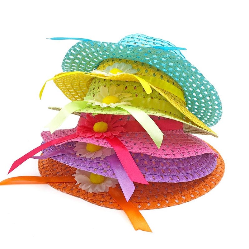 Vafon 6Sets Girls Tea Party Straw Sun Hat and Purse Sets Kids Child Birthdays Easter Party Daisy Flower Sunflower Summer Beach Cap Travel Gift Assorted Colors (6Color) - Image 2